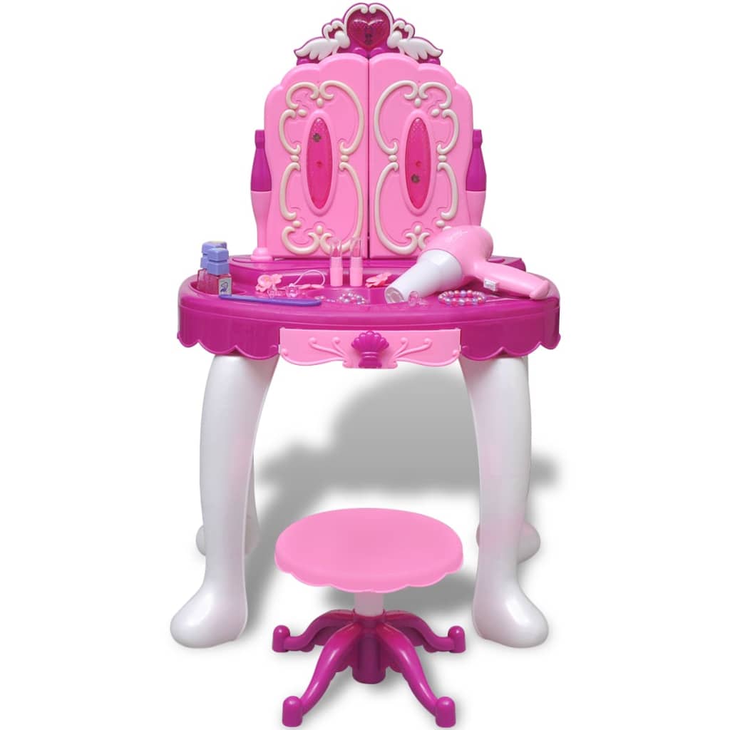 Rosa sminkebord for barn med speil, lys, lyd og mye tilbehør