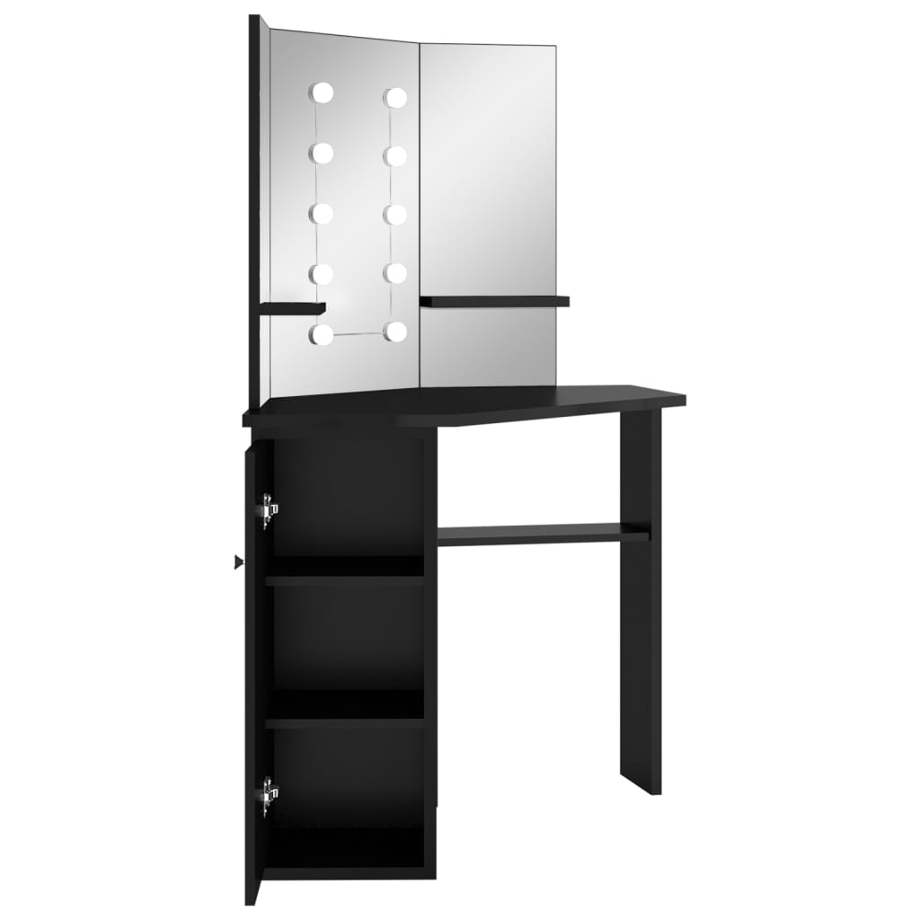 Hjørnemontert sminkebord med LED svart 111x54x141,5 cm
