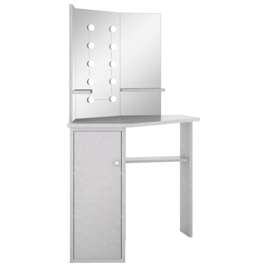 Hjørnemontert sminkebord med LED betonggrå 111x54x141,5 cm