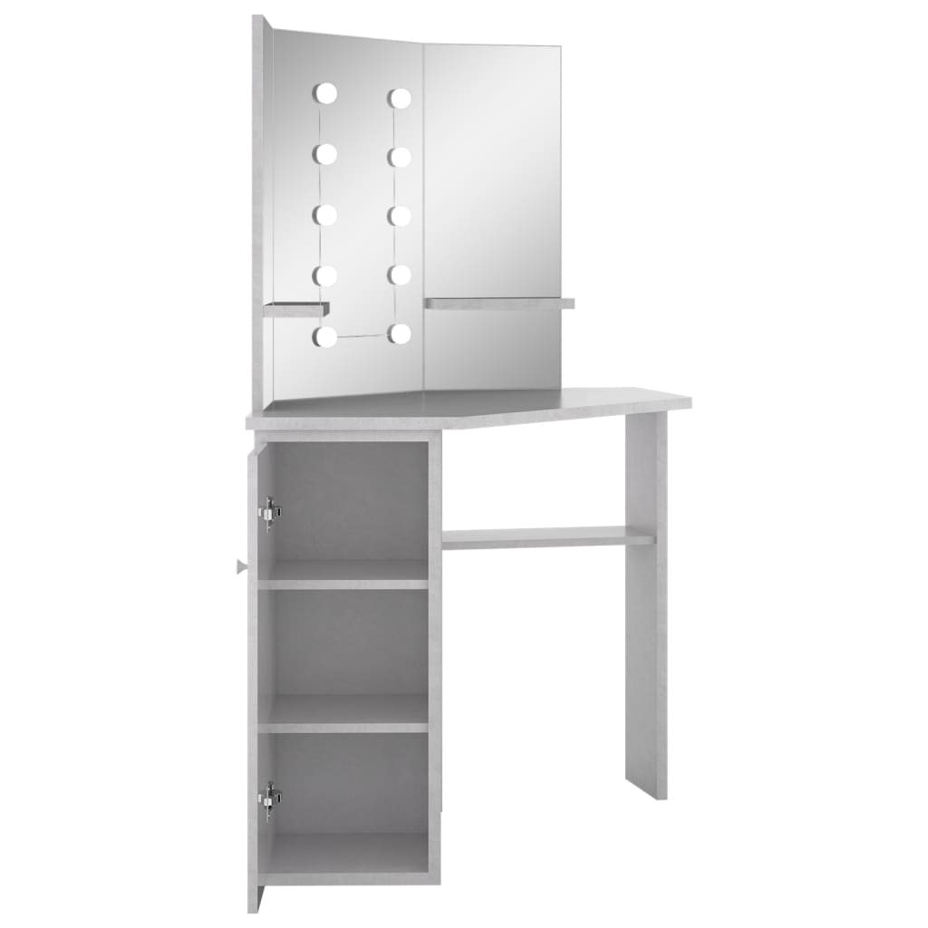Hjørnemontert sminkebord med LED betonggrå 111x54x141,5 cm