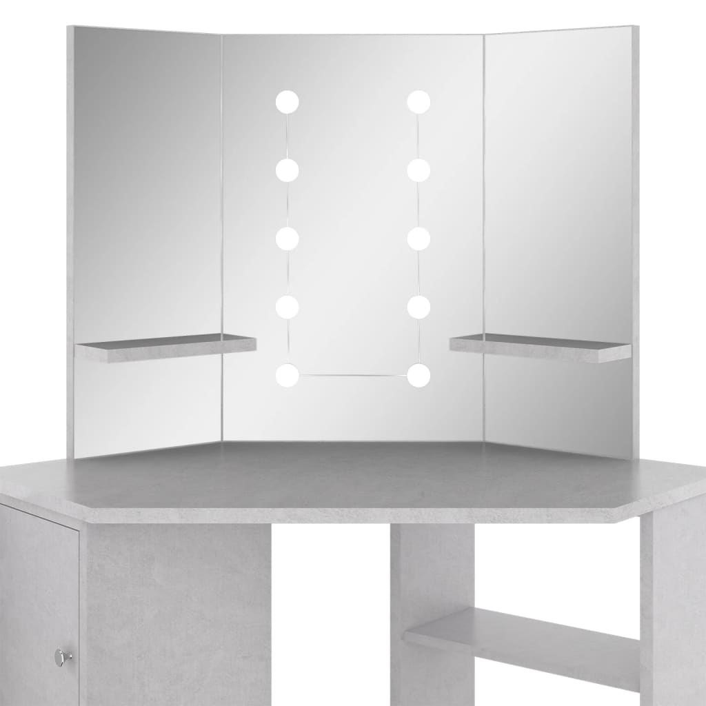 Hjørnemontert sminkebord med LED betonggrå 111x54x141,5 cm