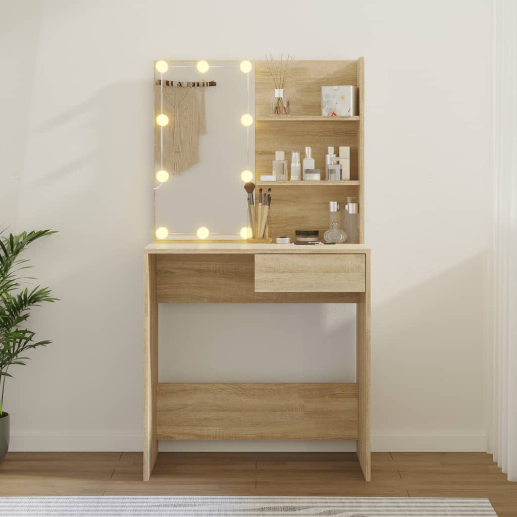 Sminkebord med LED sonoma eik 74,5x40x141 cm konstruert tre