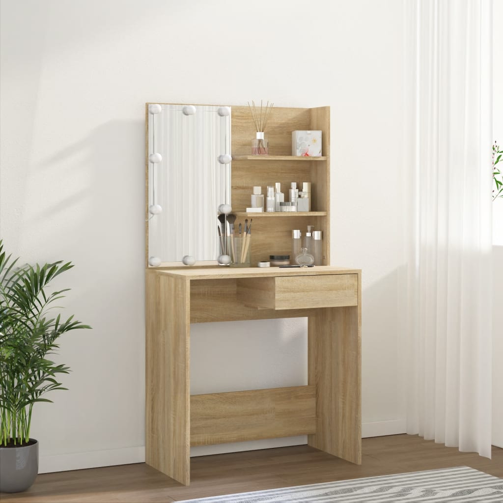 Sminkebord med LED sonoma eik 74,5x40x141 cm konstruert tre