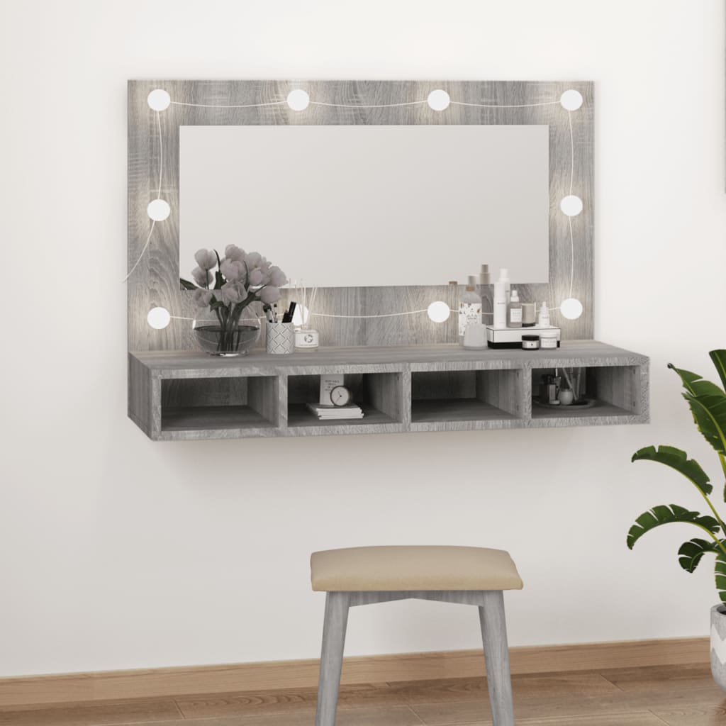 Speilskap med LED grå sonoma 90x31,5x62 cm