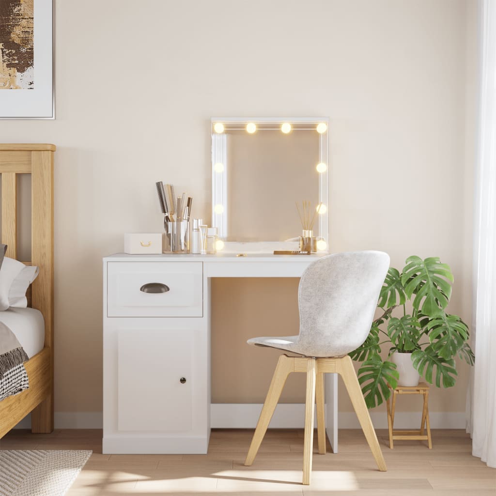 Sminkebord med LED-lys hvit 90x42x132,5 cm