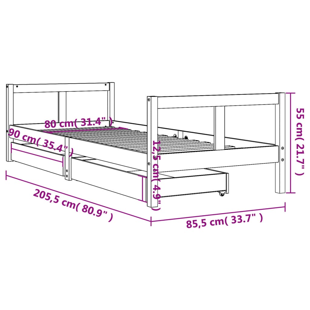 Barnesengeramme med skuffer svart 80x200 cm heltre furu - SminkeBord.no