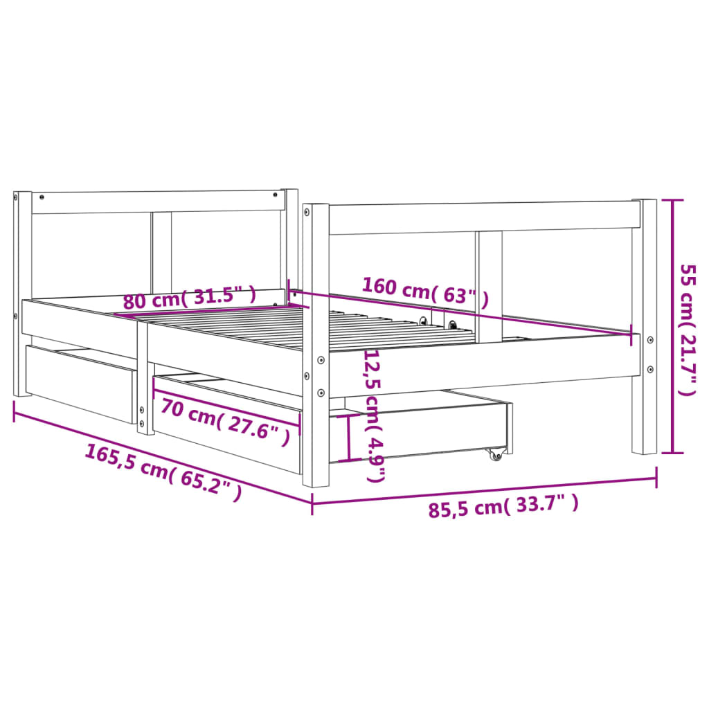 Barnesengeramme med skuffer 80x160 cm heltre furu - SminkeBord.no