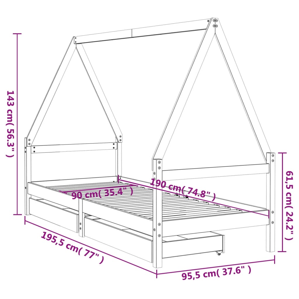 Barnesengeramme med skuffer 90x190 cm heltre furu - SminkeBord.no