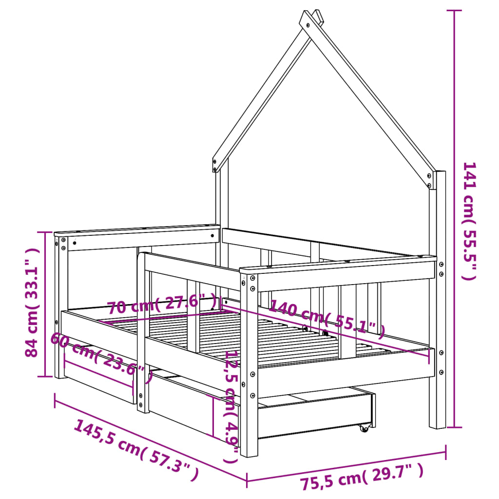 Barnesengeramme med skuffer hvit 70x140 cm heltre furu - SminkeBord.no