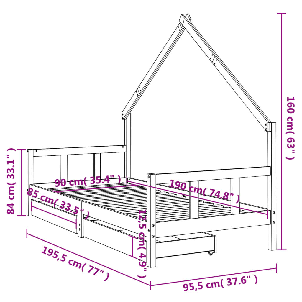Barnesengeramme med skuffer 90x190 cm heltre furu - SminkeBord.no