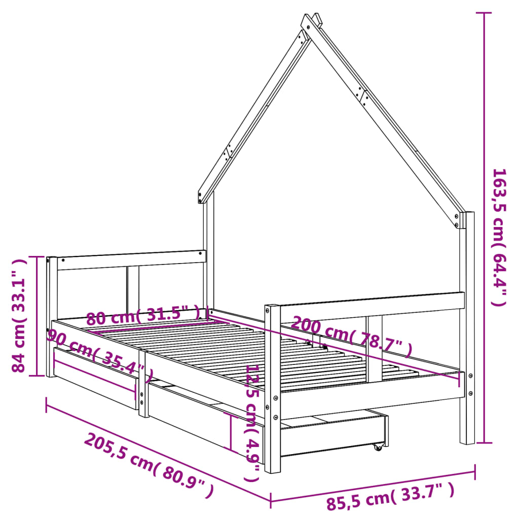 Barnesengeramme med skuffer 80x200 cm heltre furu - SminkeBord.no