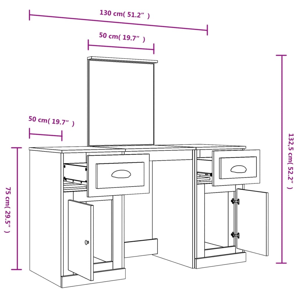 Sminkebord med speil hvit 130x50x132,5 cm