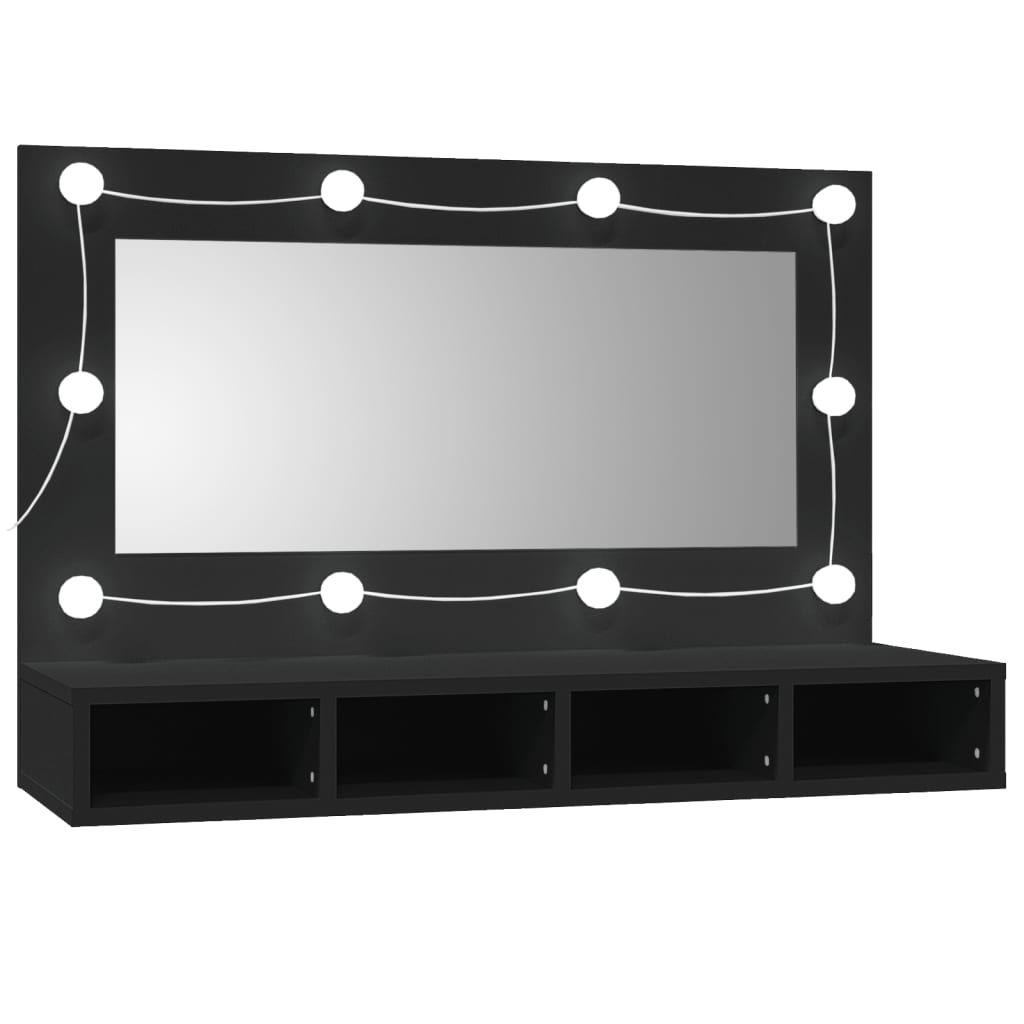 Speilskap med LED svart 90x31,5x62 cm