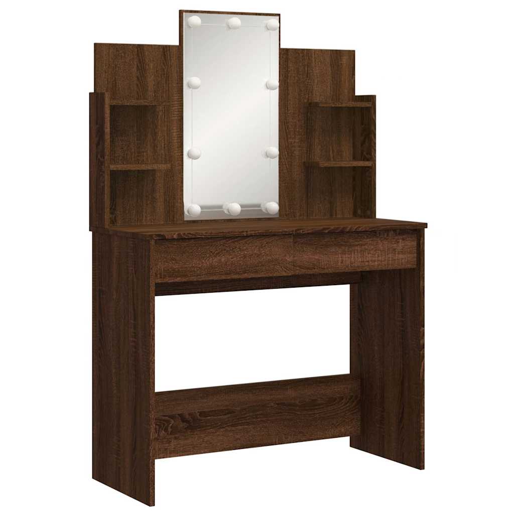 Sminkebord med LED brun eik 96x40x142 cm