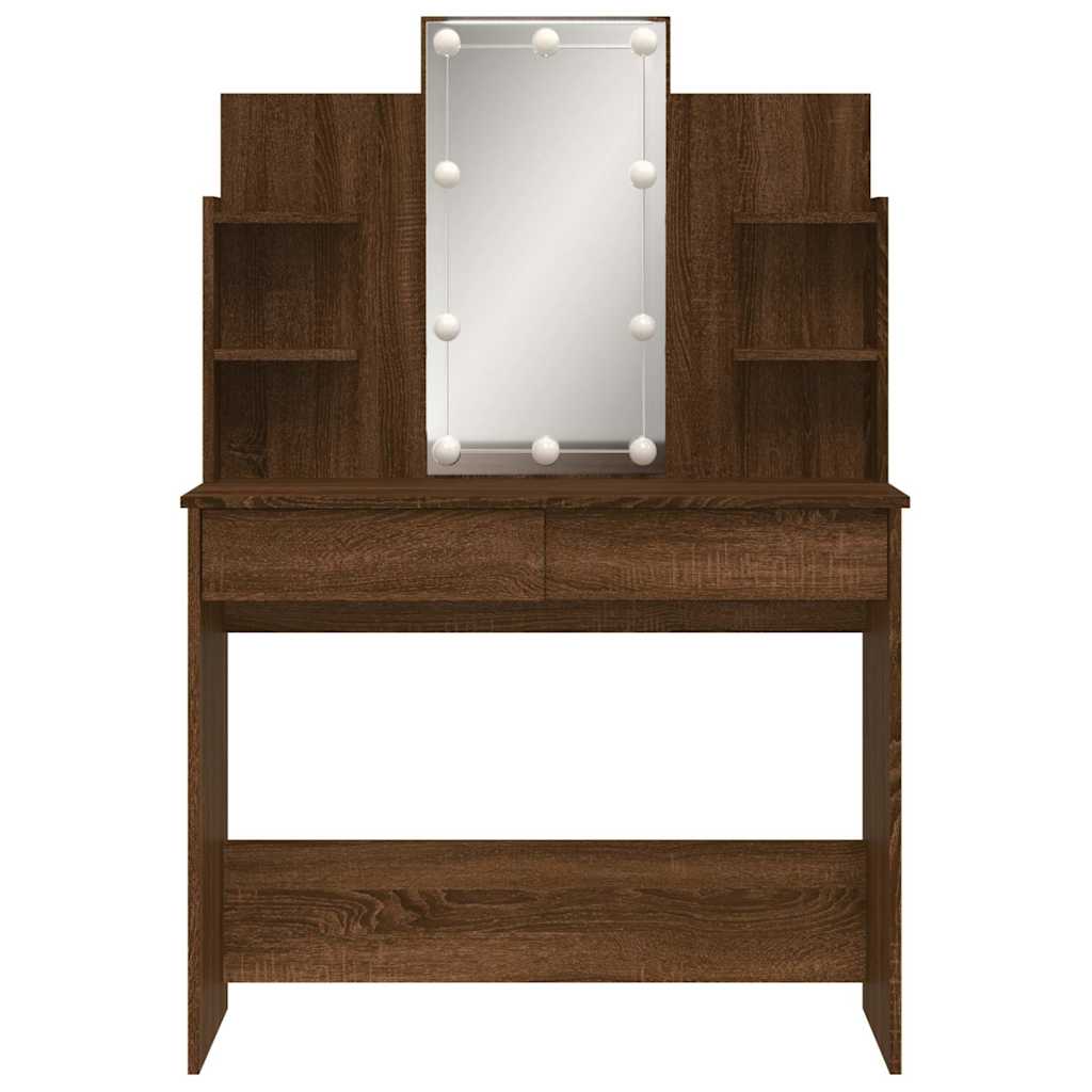 Sminkebord med LED brun eik 96x40x142 cm