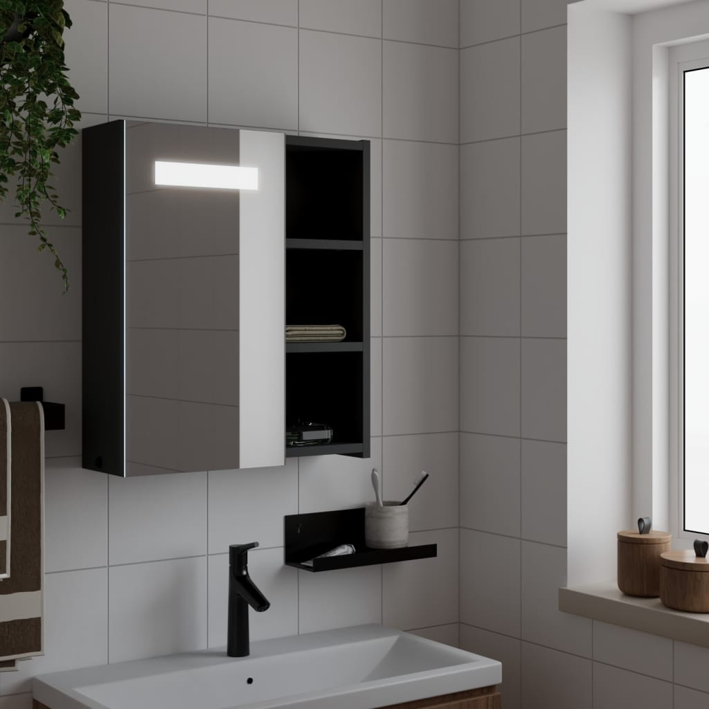 Baderomsspeilskap med LED-lys svart 45x13x52 cm