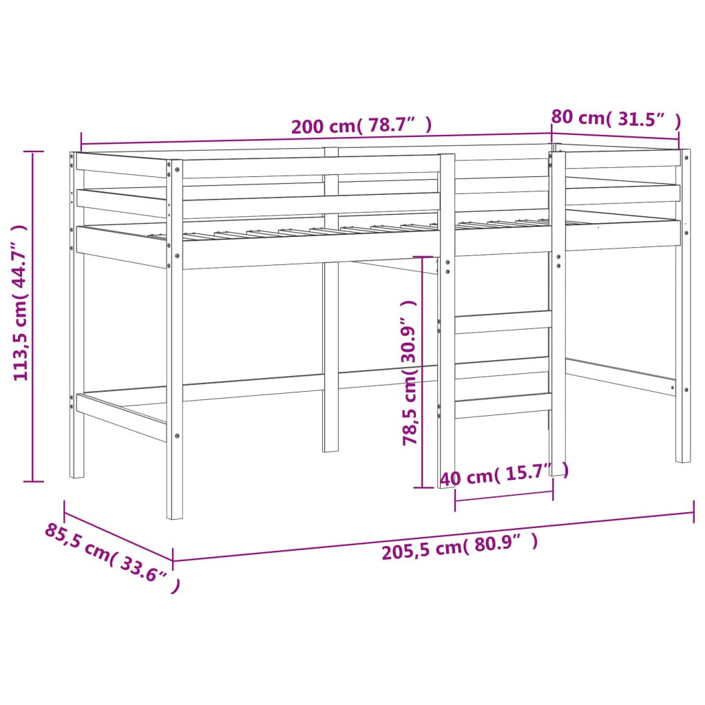 Køyeseng for barn med stige 80x200 cm heltre furu