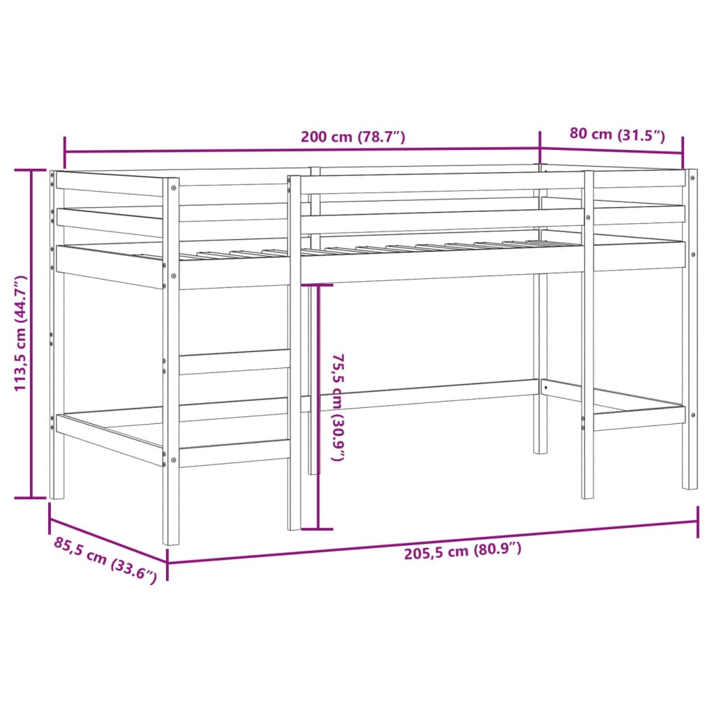 Køyeseng for barn med stige 80x200 cm heltre furu