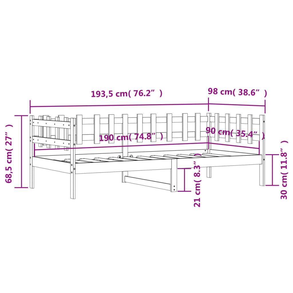 Dagseng uten madrass hvit 90x190 cm heltre furu