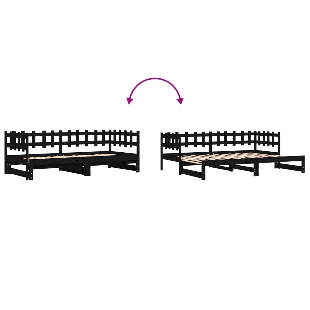 Uttrekkbar dagseng svart 2x(90x190) cm heltre furu