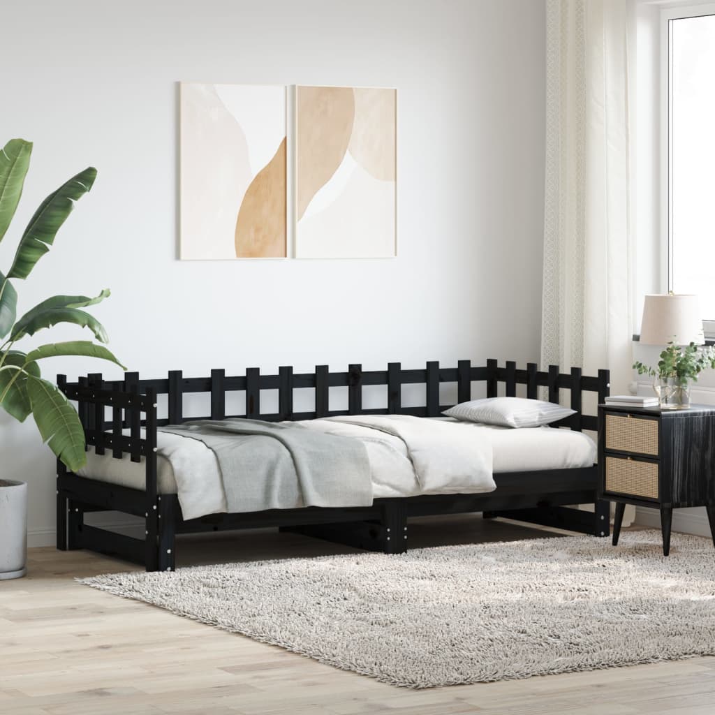 Uttrekkbar dagseng svart 2x(90x190) cm heltre furu