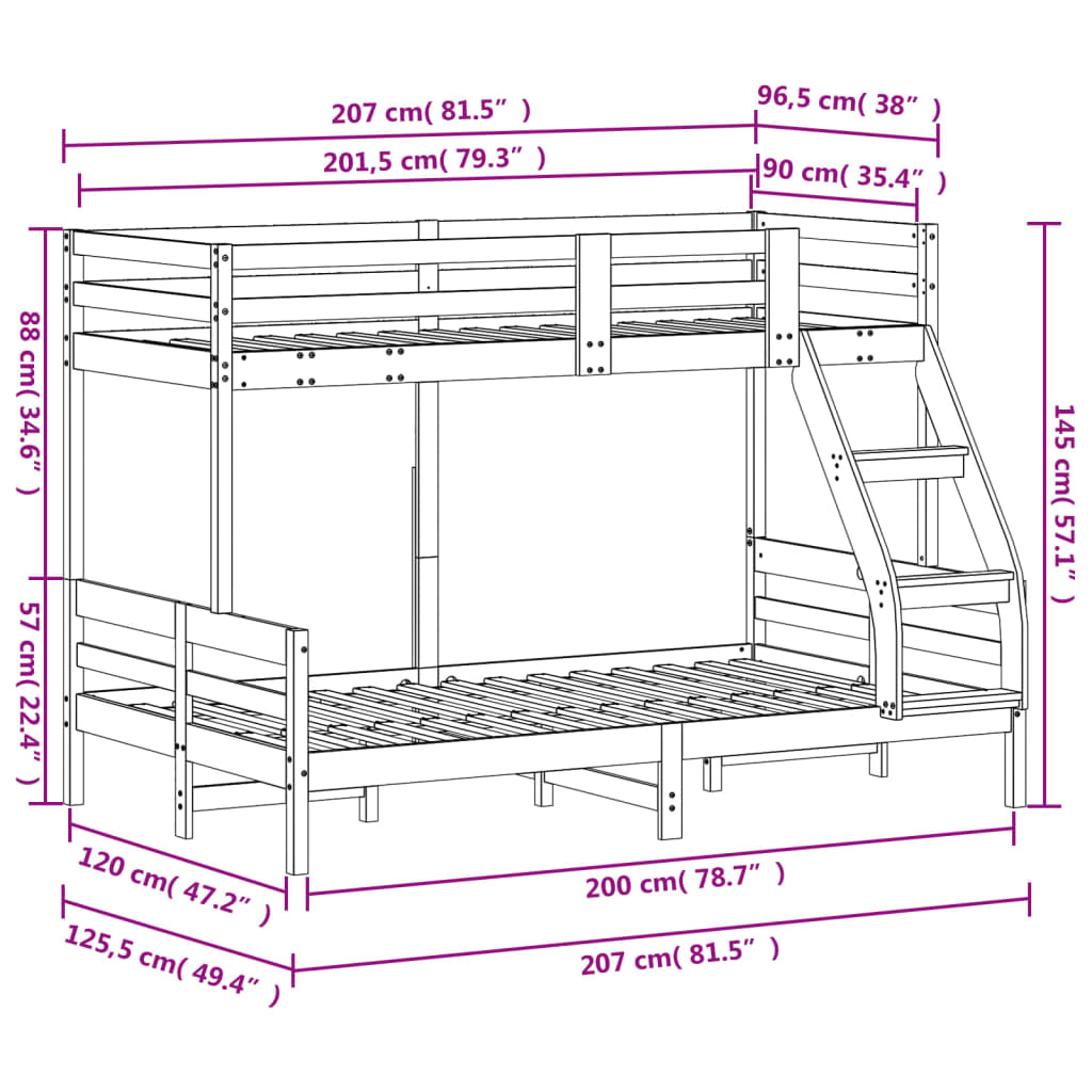 Køyeseng 90x200/120x200 cm hvit heltre furu