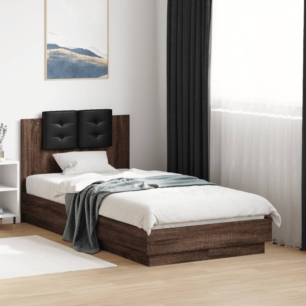 Sengeramme med hodegavl og LED-lys brun eik 75x190 cm