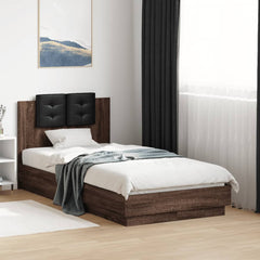 Sengeramme med hodegavl og LED-lys brun eik 75x190 cm