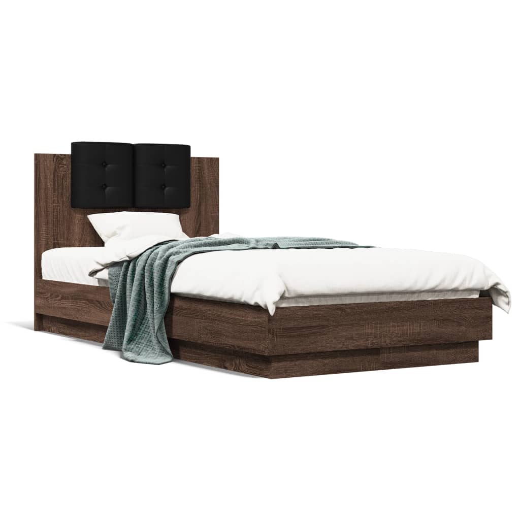 Sengeramme med hodegavl og LED-lys brun eik 75x190 cm