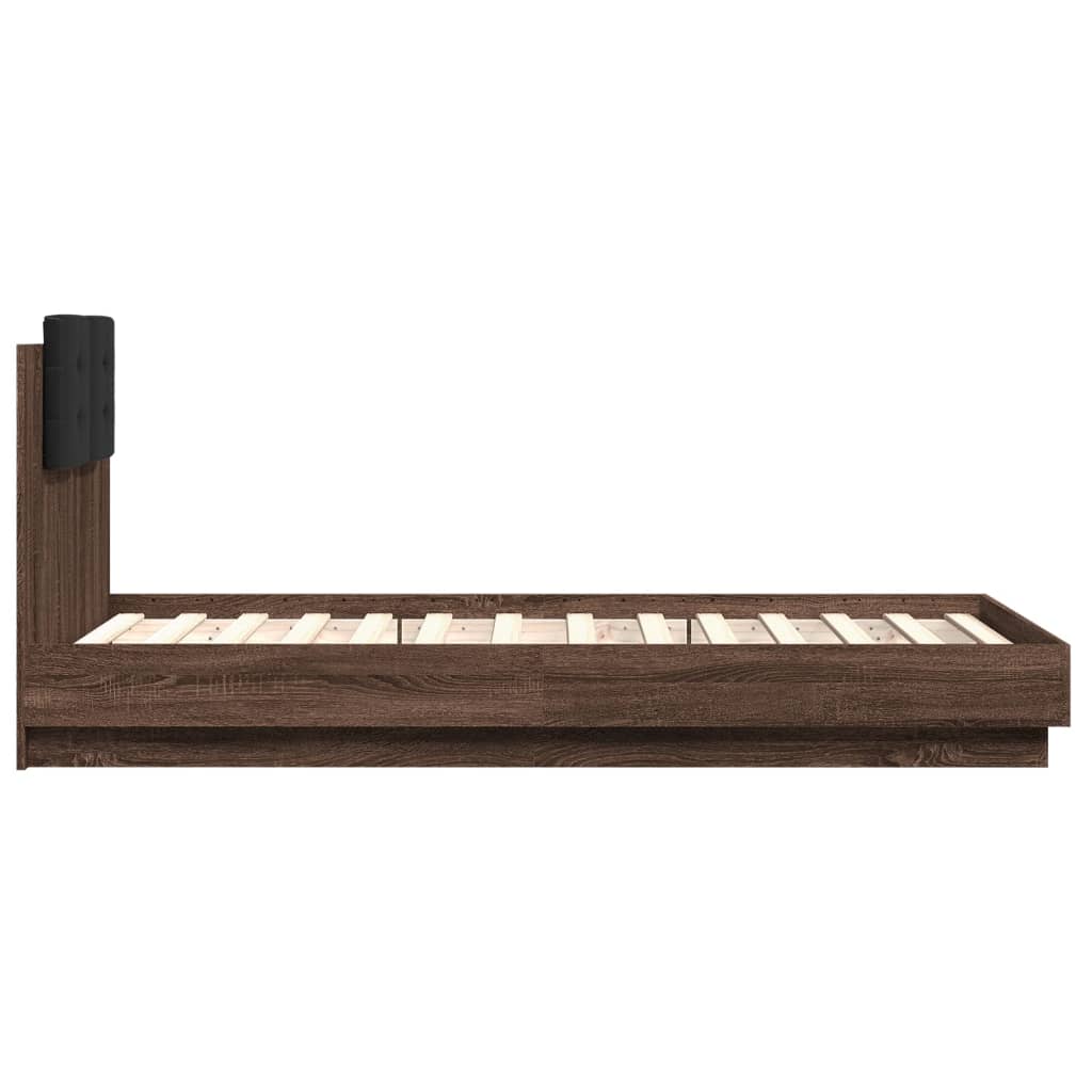 Sengeramme med hodegavl og LED-lys brun eik 75x190 cm