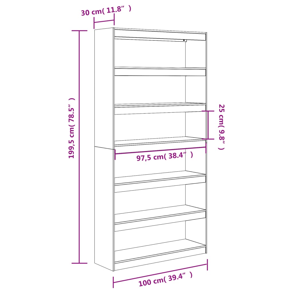 Bokhylle/romdeler 100x30x199,5 cm heltre furu