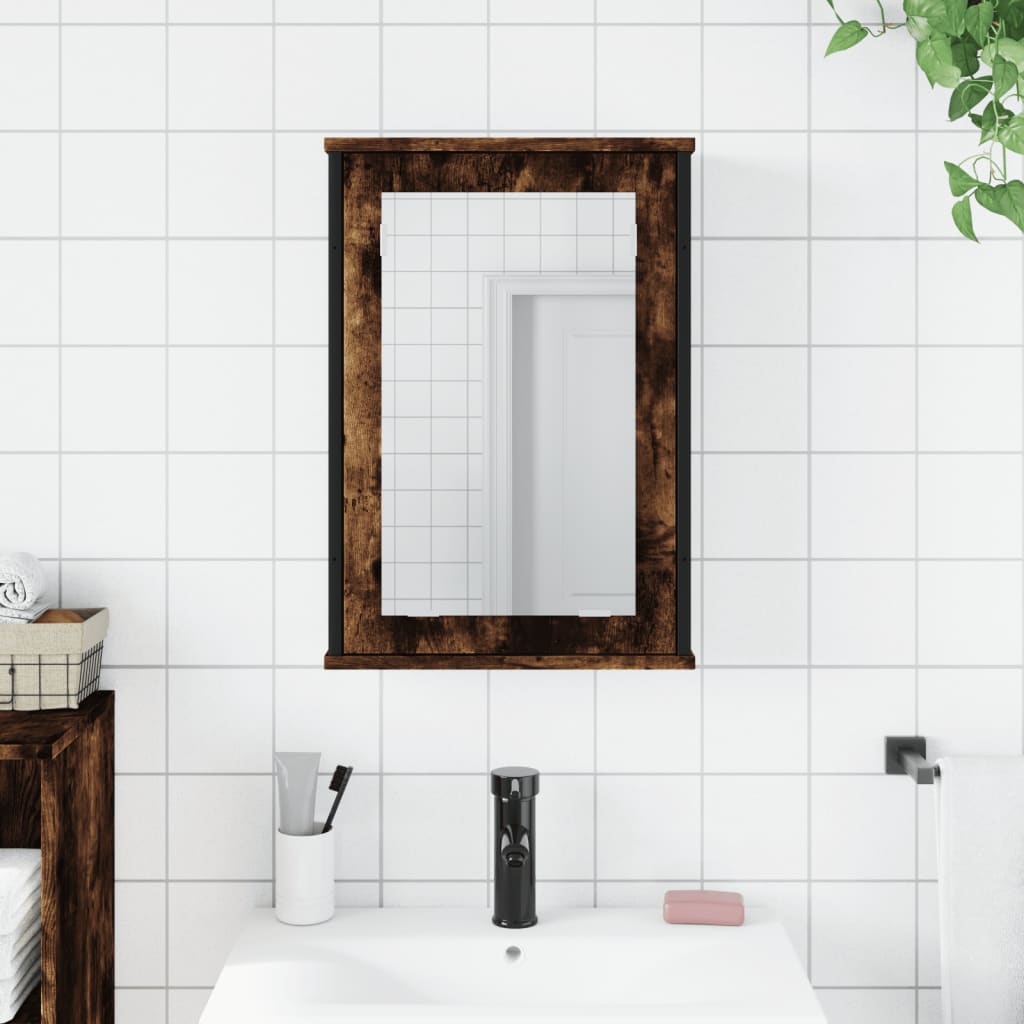 Baderomsskap med speil røkt eik 42x12x60 cm konstruert tre