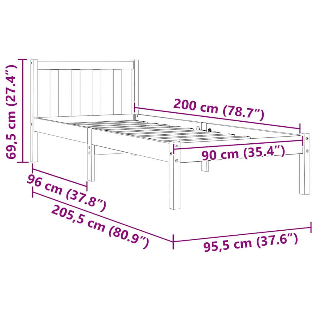 Sengeramme uten madrass voksbrun 90x200 cm heltre furu