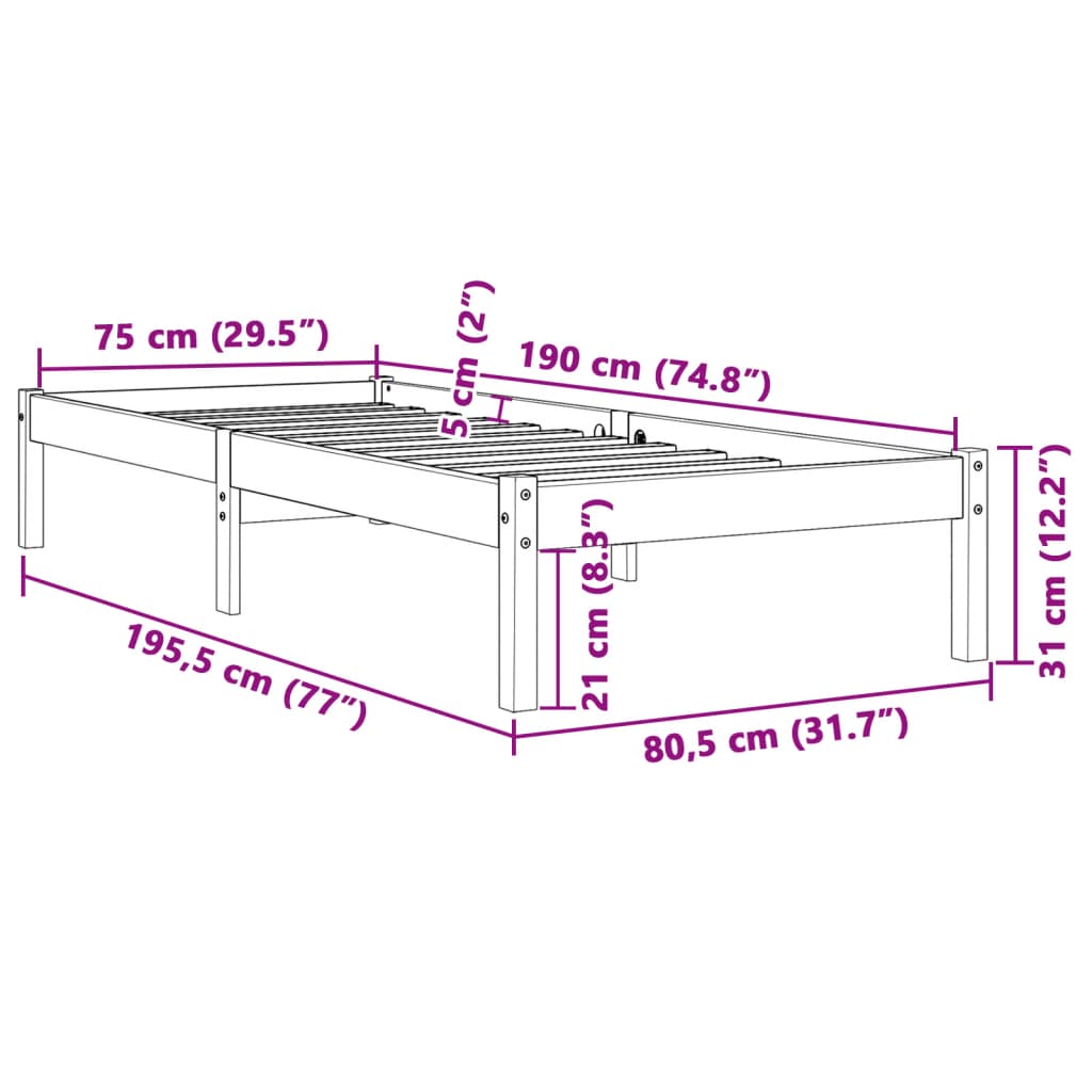 Sengeramme uten madrass voksbrun 75x190 cm heltre furu
