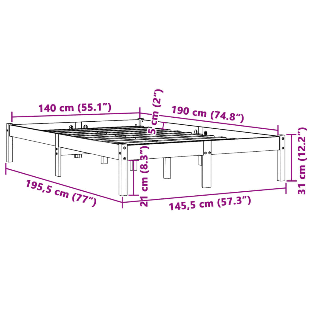 Sengeramme uten madrass voksbrun 140x190 cm heltre furu