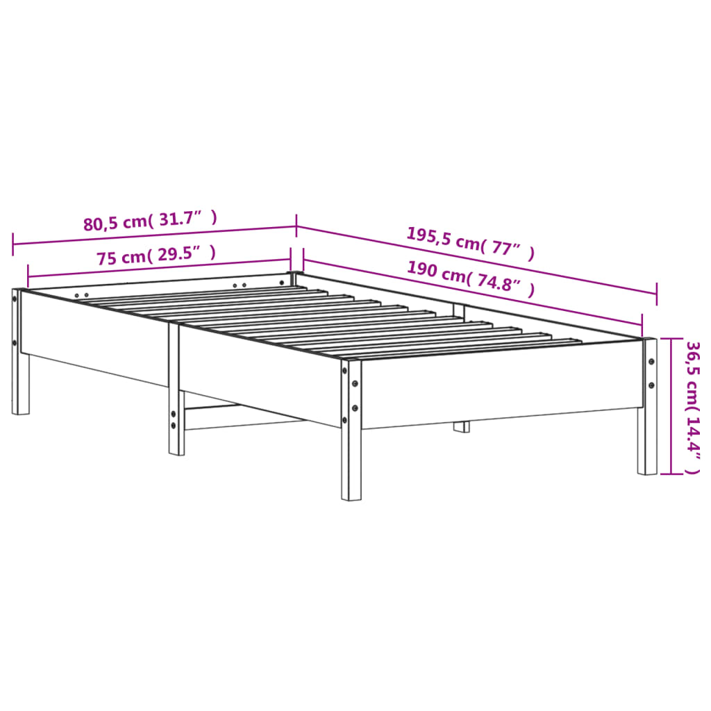 Sengeramme uten madrass voksbrun 75x190 cm heltre furu
