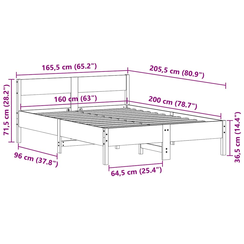 Sengeramme uten madrass voksbrun 160x200 cm heltre furu
