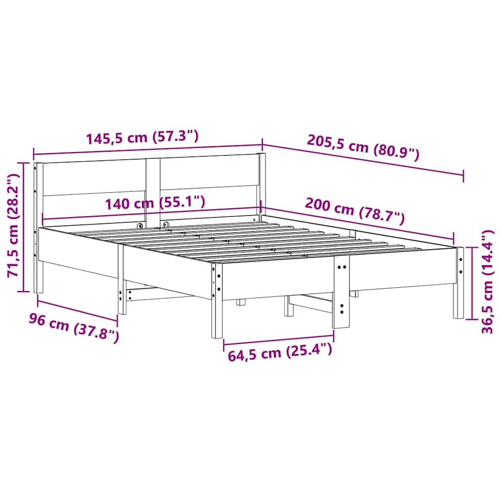 Sengeramme uten madrass voksbrun 140x200 cm heltre furu