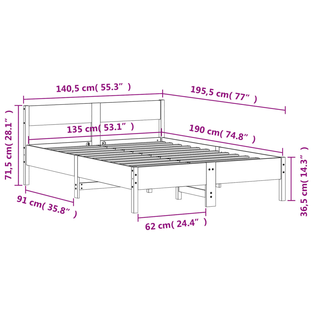Sengeramme uten madrass brun 135x190 cm heltre furu