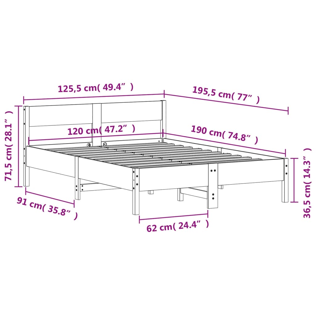 Sengeramme uten madrass hvit 120x190 cm heltre furu