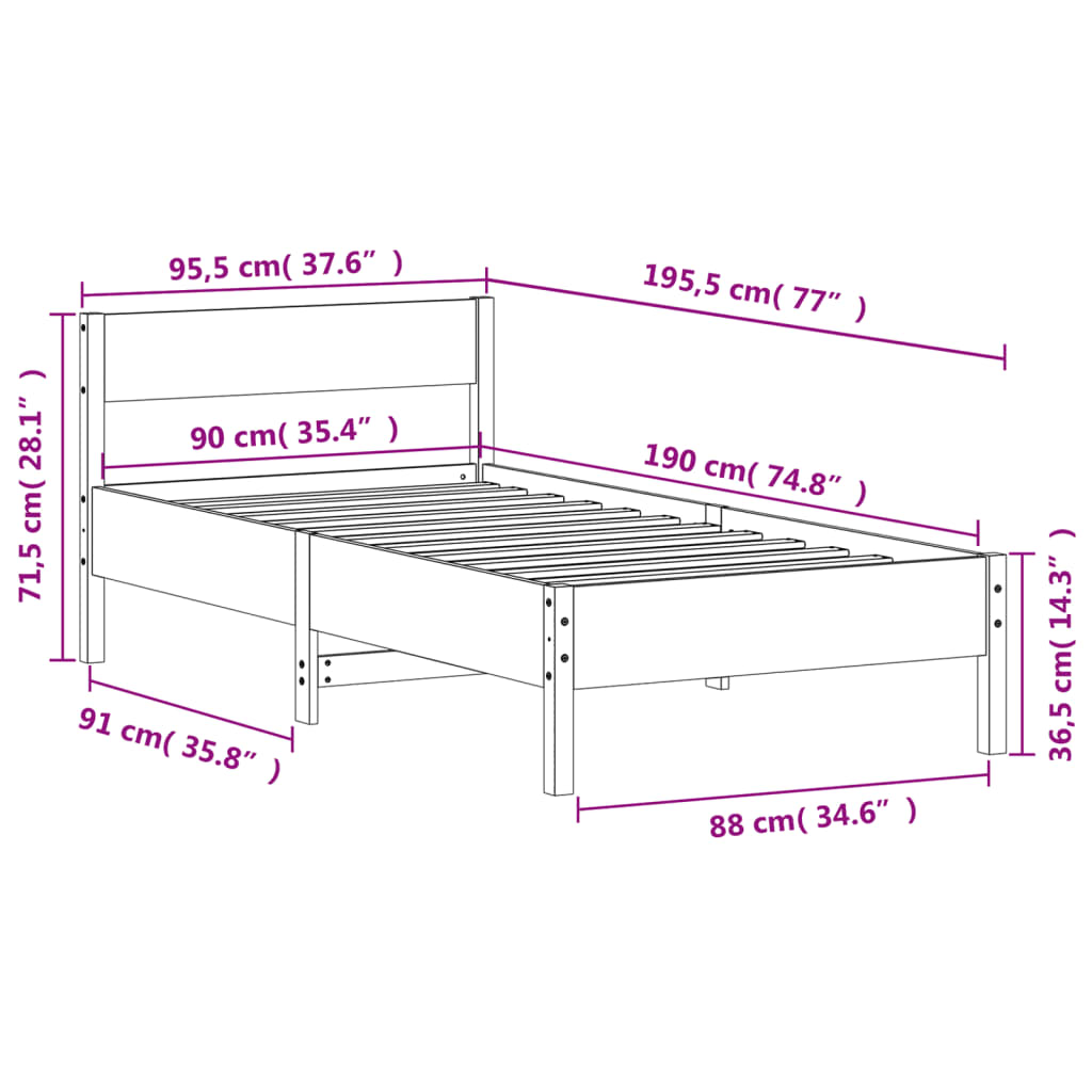 Sengeramme uten madrass hvit 90x190 cm heltre furu