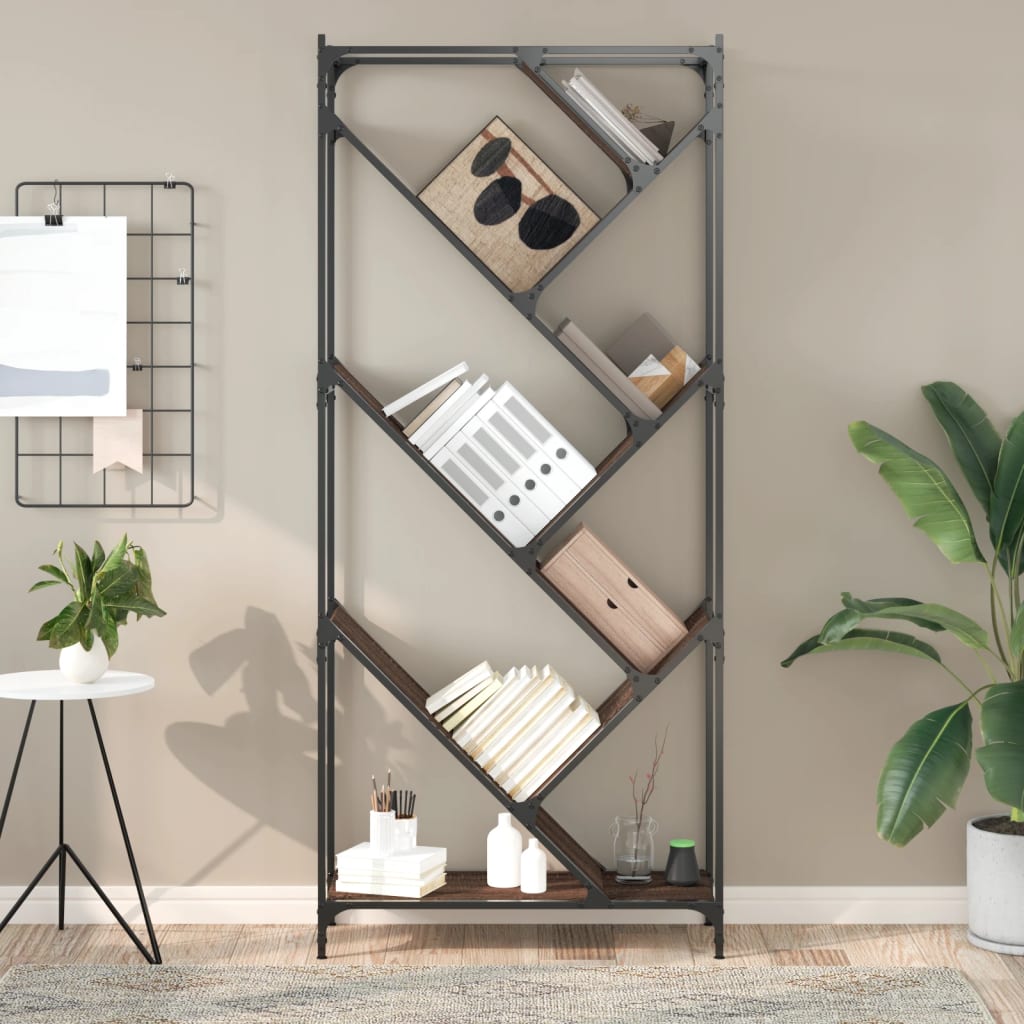 Bokhylle brun eik 79x30x180 cm konstruert tre og metall