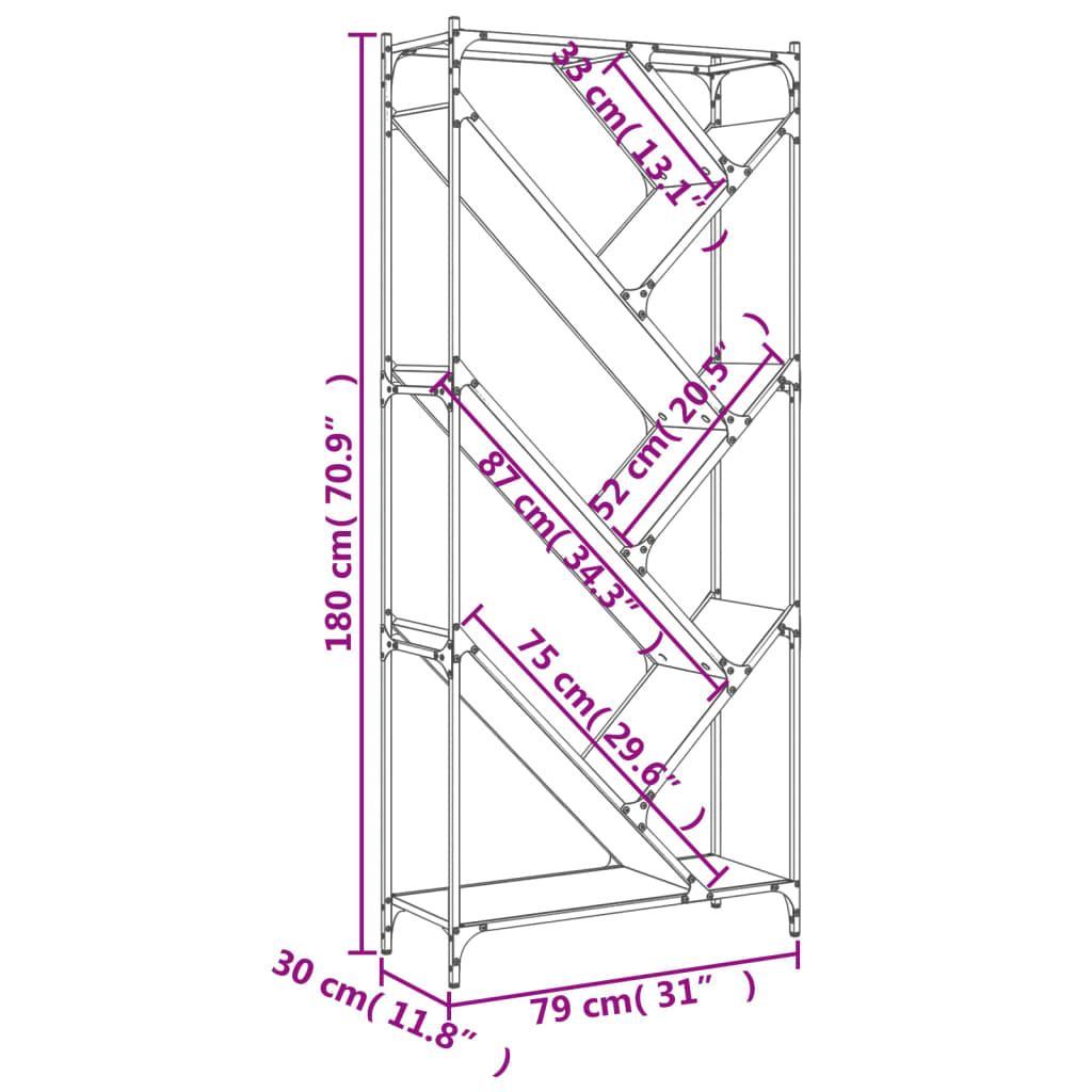 Bokhylle brun eik 79x30x180 cm konstruert tre og metall