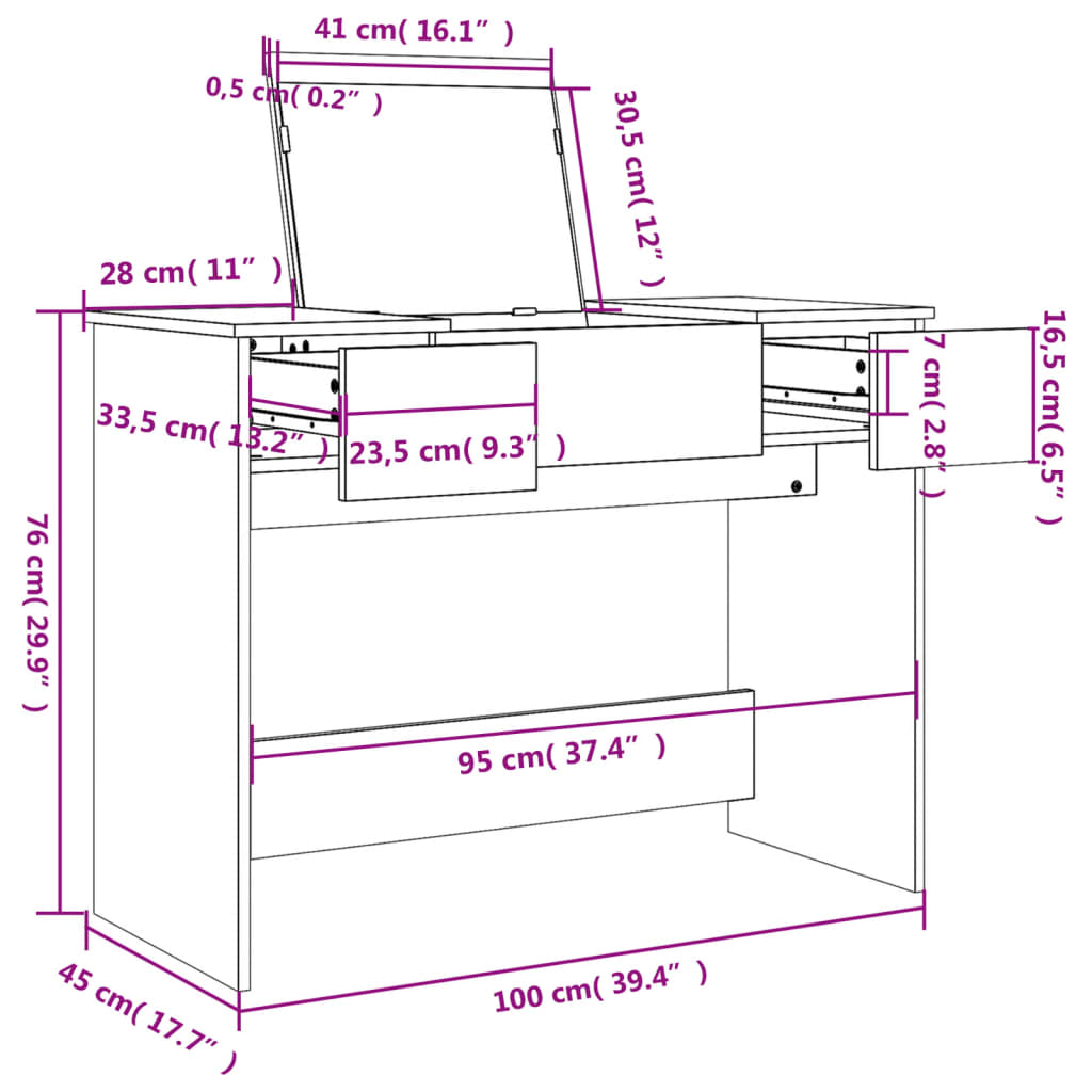 Sminkebord med speil brun eik 100x45x76 cm