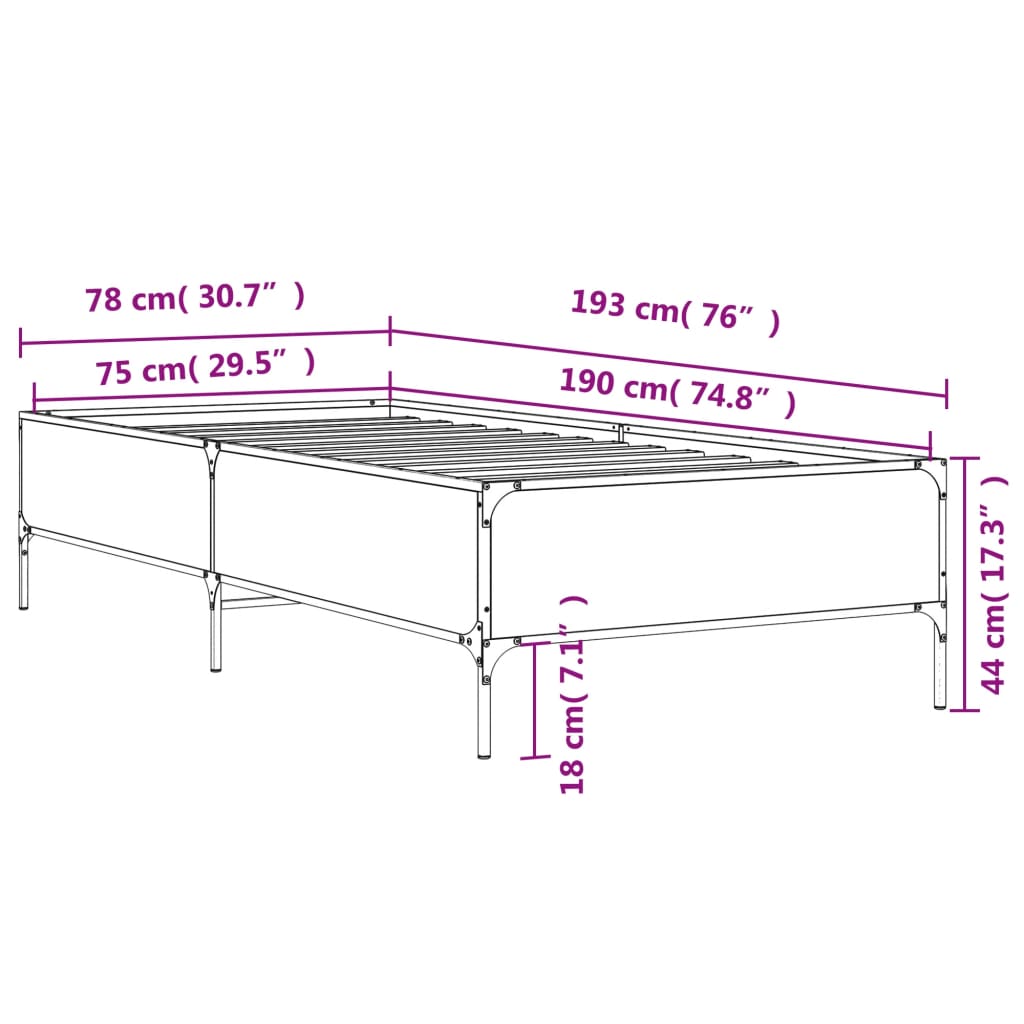 Sengeramme sonoma eik 75x190 cm konstruert tre og metall