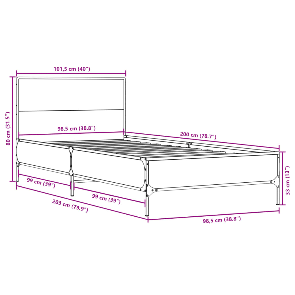 Sengeramme sonoma eik 100x200 cm konstruert tre og metall