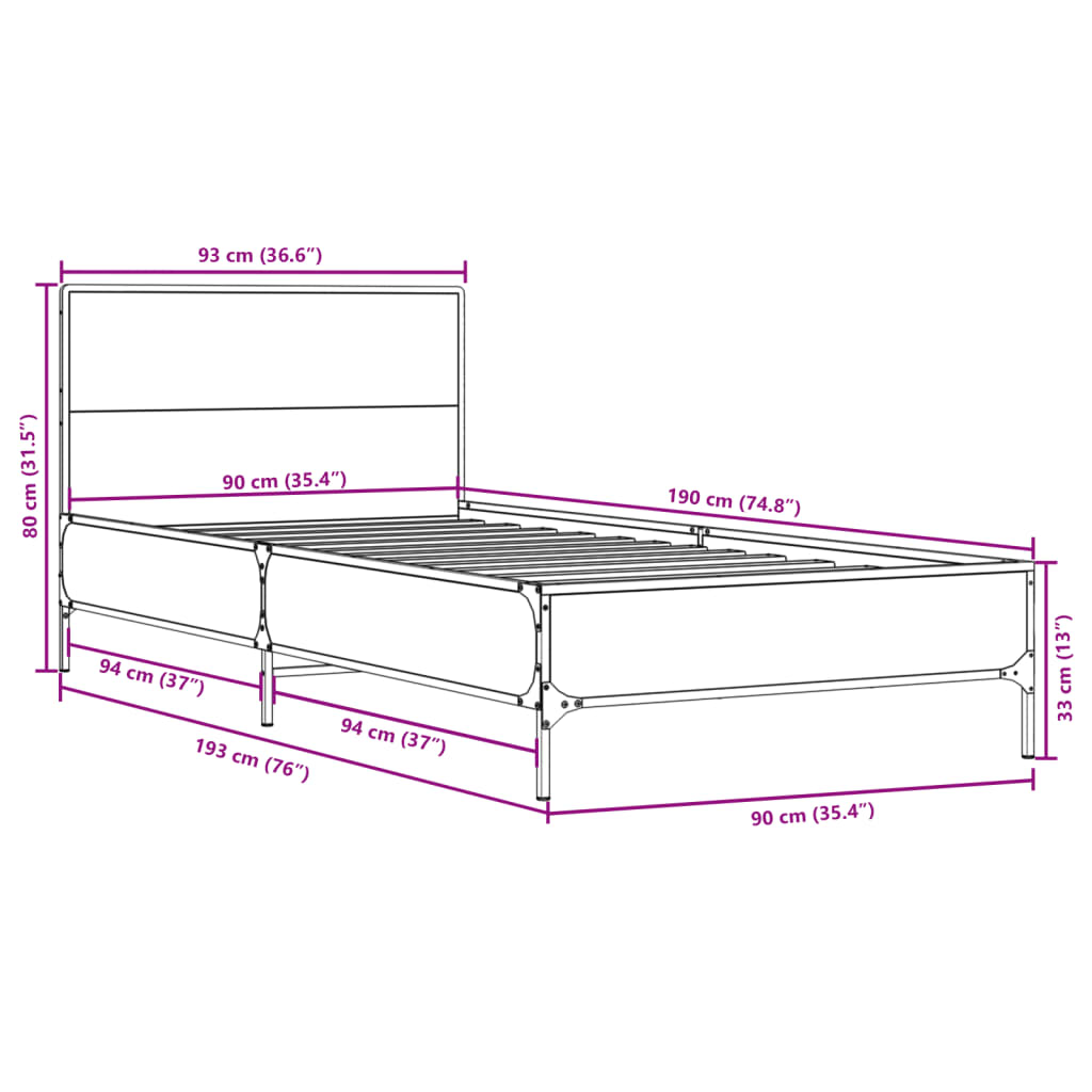 Sengeramme brun eik 90x190 cm konstruert tre og metall