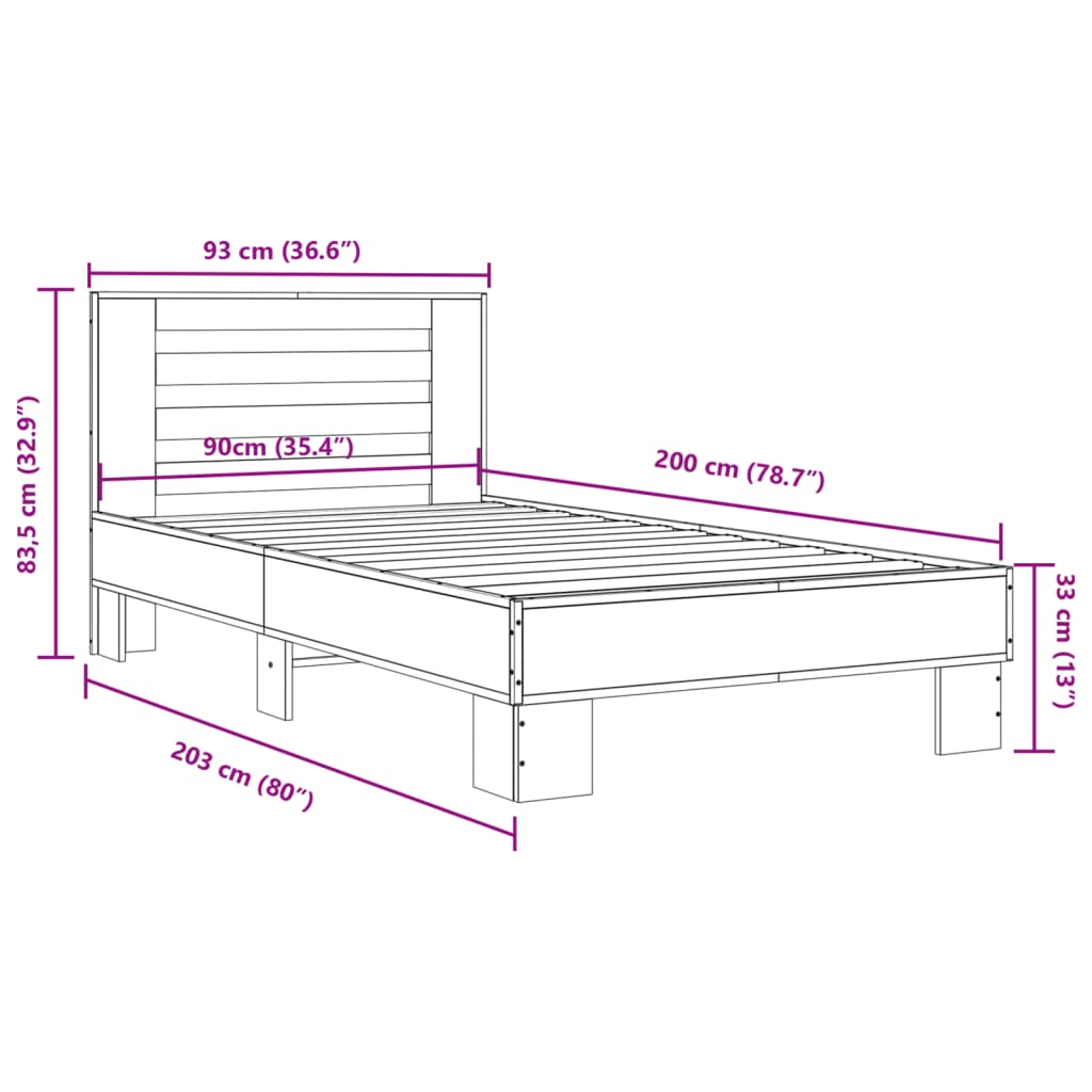 Sengeramme brun eik 90x200 cm konstruert tre og metall