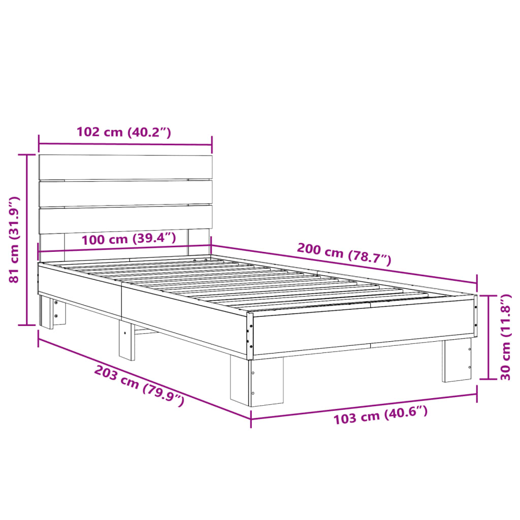 Sengeramme brun eik 100x200 cm konstruert tre og metall