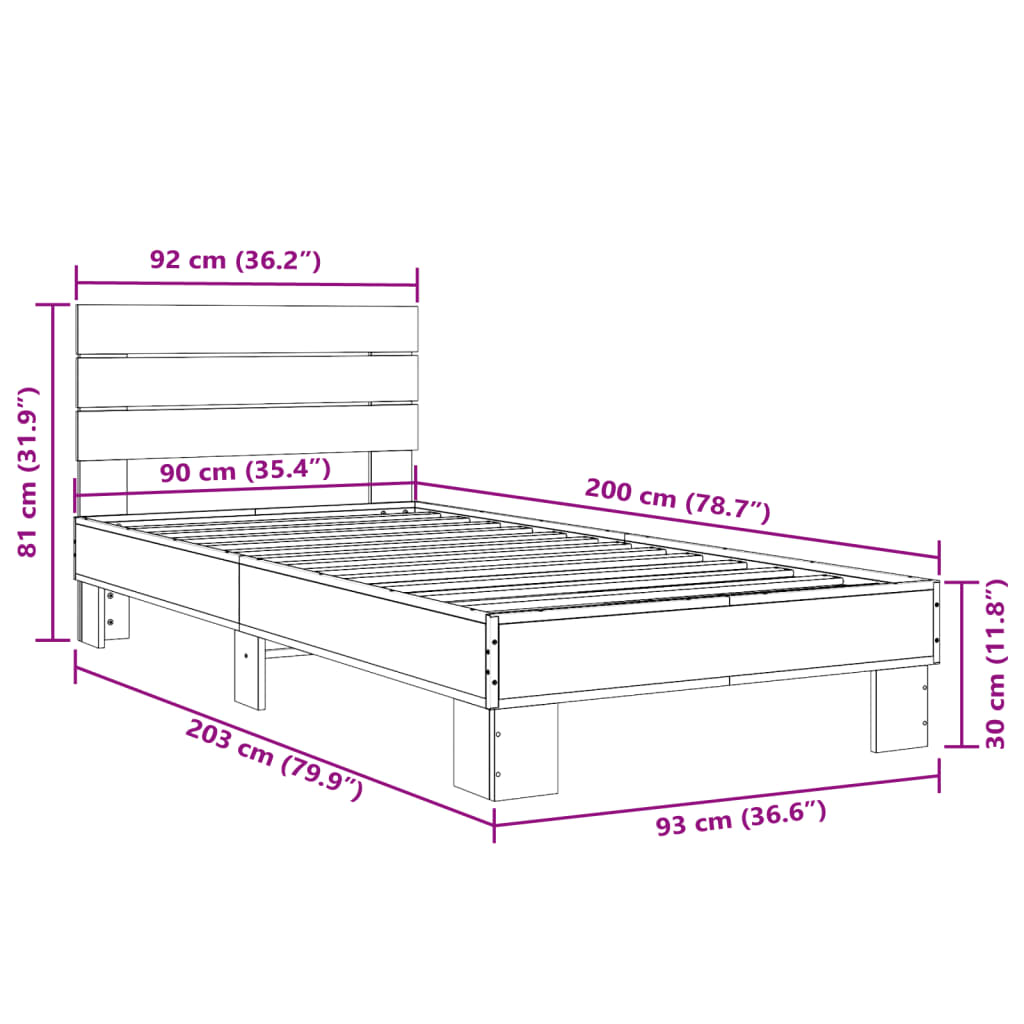 Sengeramme sonoma eik 90x200 cm konstruert tre og metall
